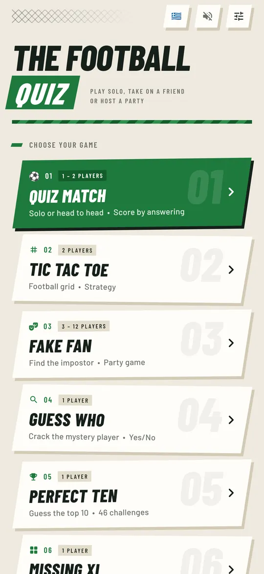 The Football Quiz home screen with six football games
